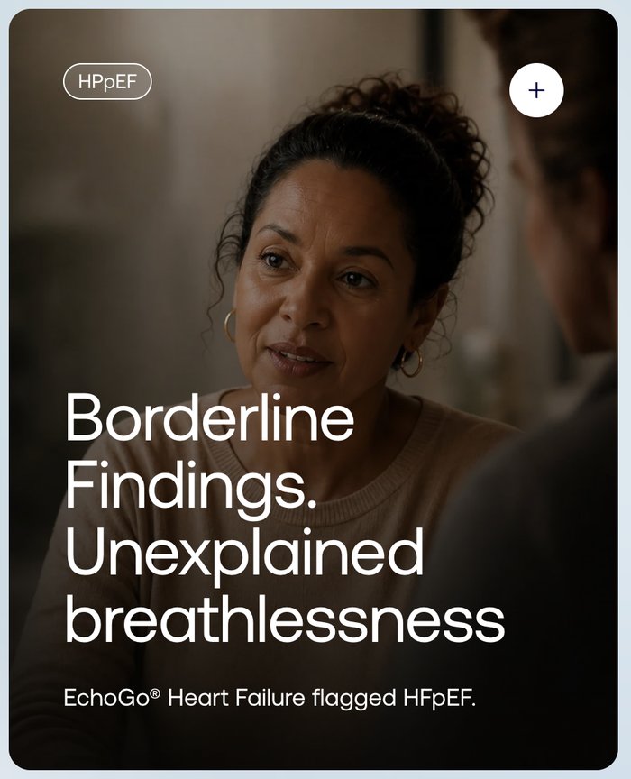 Patient case card: Borderline findings, unexplained breathlessness, HFpEF flagged